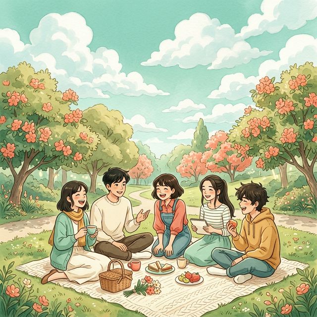Ghibli style illustration of a group of friends connected in a public park.