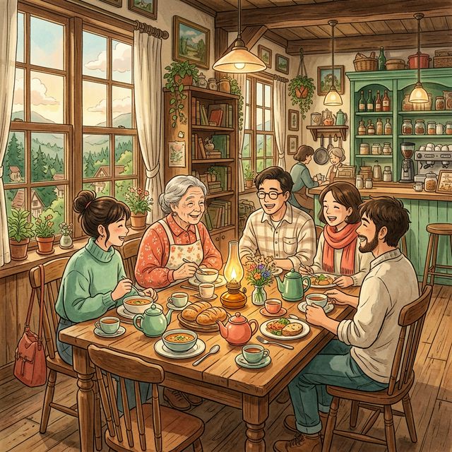 Studio Ghibli style illustration of a cozy group gathering in a warmly lit cafe with Nera coral and mint tones.