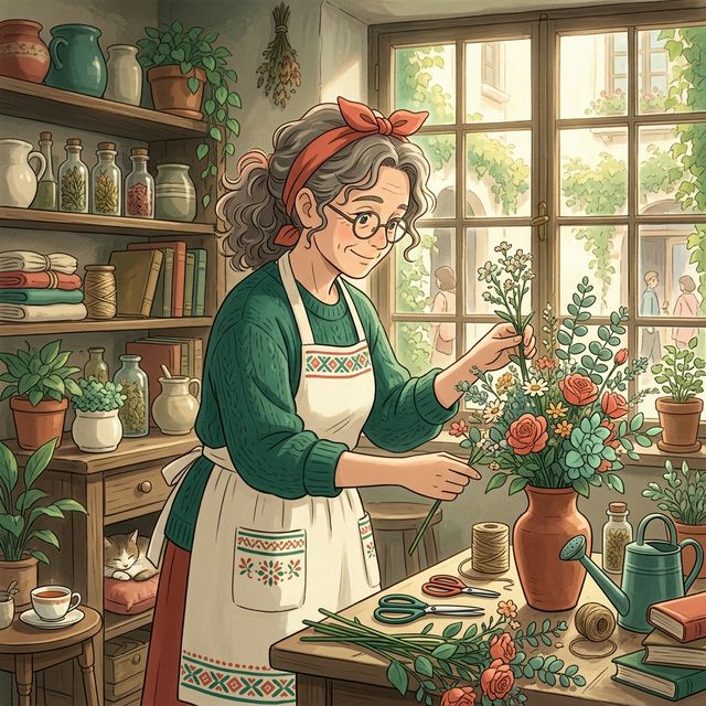 Warm Ghibli style portrait of a host arranging space for a room.