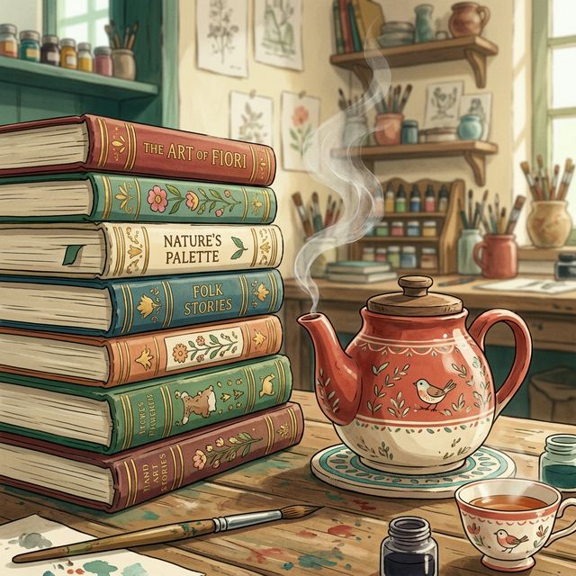 Detailed Ghibli style illustration of art books and a vintage teapot.