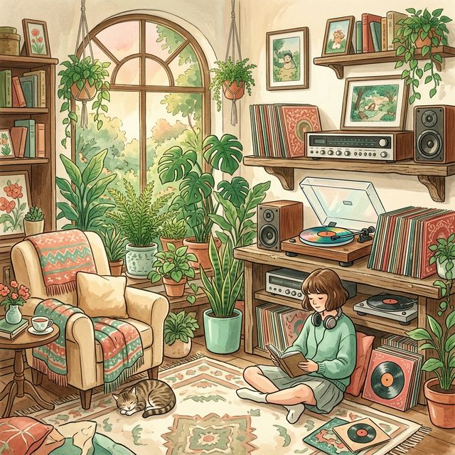 Lush Ghibli style horizontal illustration of a cozy listening room with plants and music.